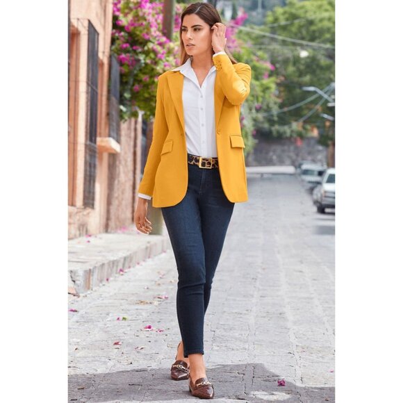 Size 10 $120.00 BOSTON PROPER Beyond Travel Gold Classic Boyfriend Blazer Jacket - Picture 3 of 14